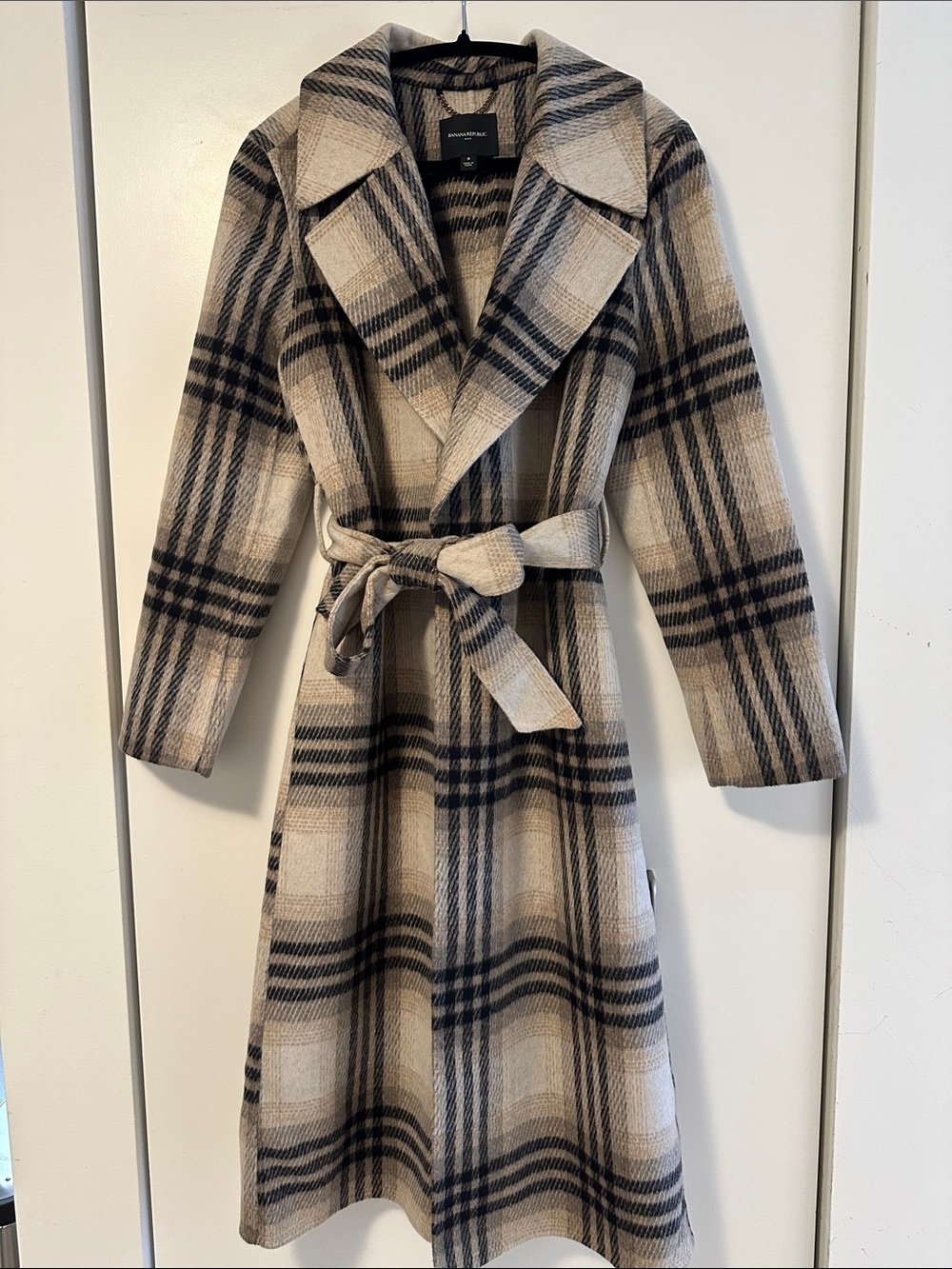 Banana Republic Plaid Belted Long wool Coat in Beige and Black